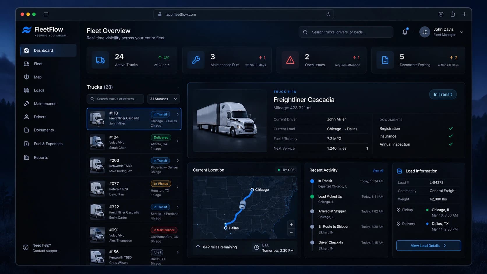 Desktop fleet dashboard showing truck status, location, and operational details