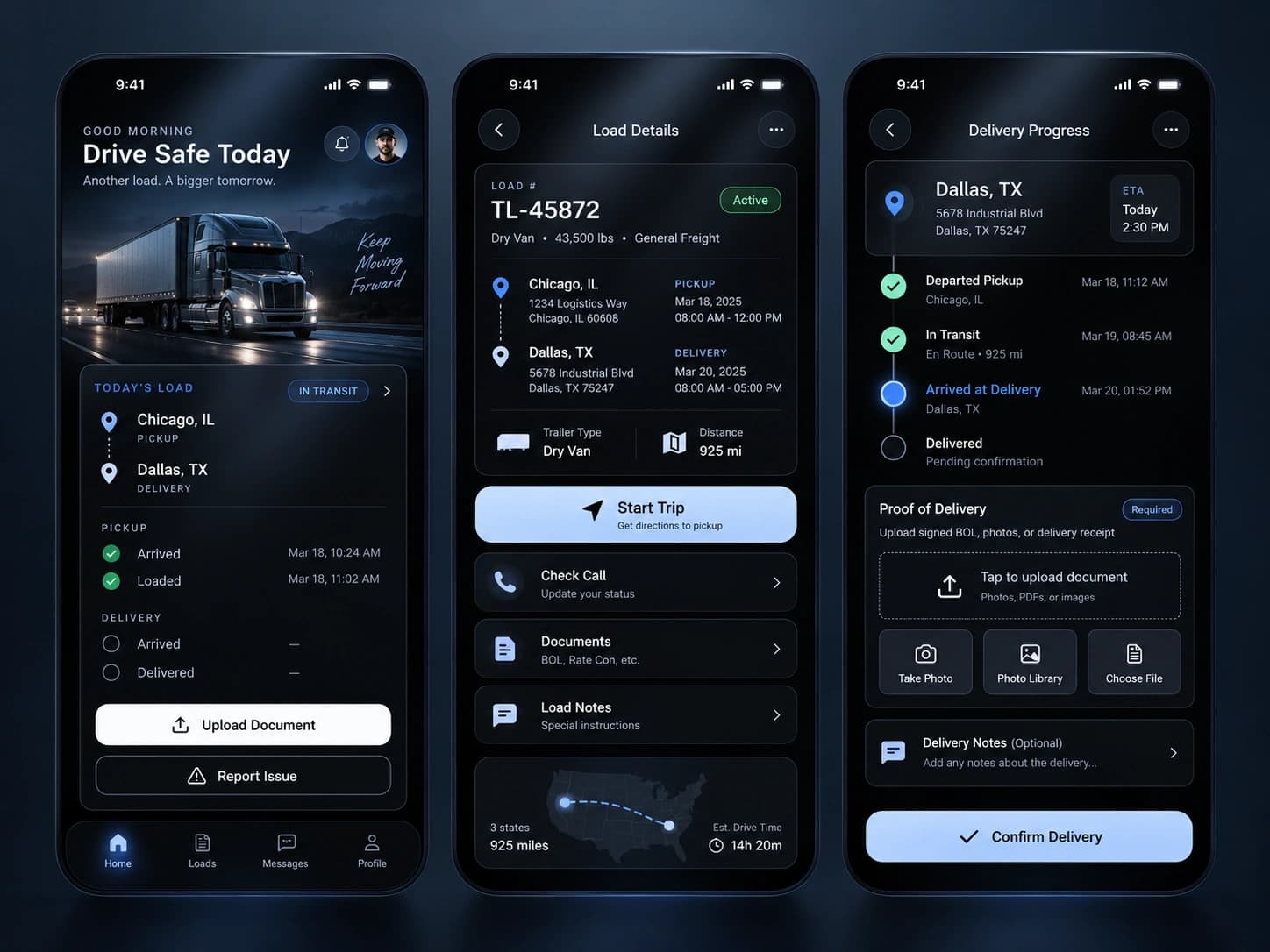 Driver mobile app screens for load details, trip progress, and proof of delivery