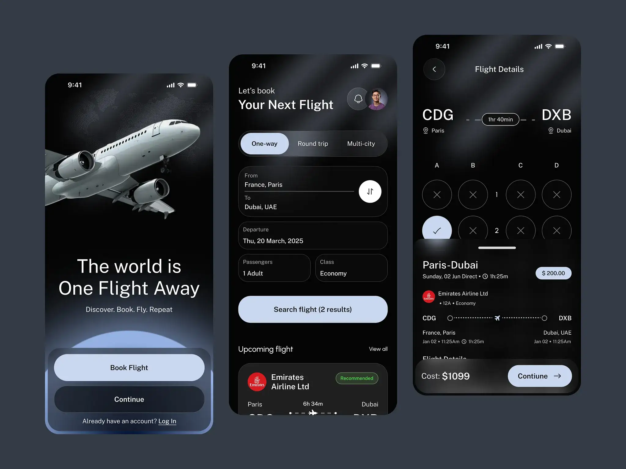 Customer-facing OTA travel booking app screens