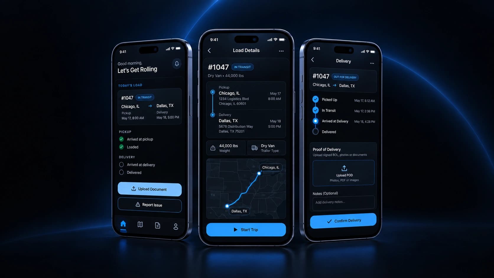 Driver mobile app screens for load assignments, trip status, and proof of delivery